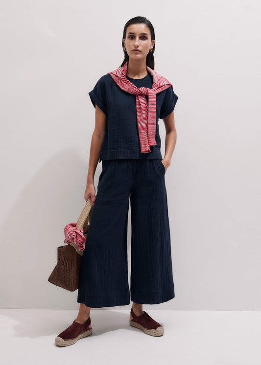ME+EM Navy Cheesecloth Cropped Wide-Leg Pant