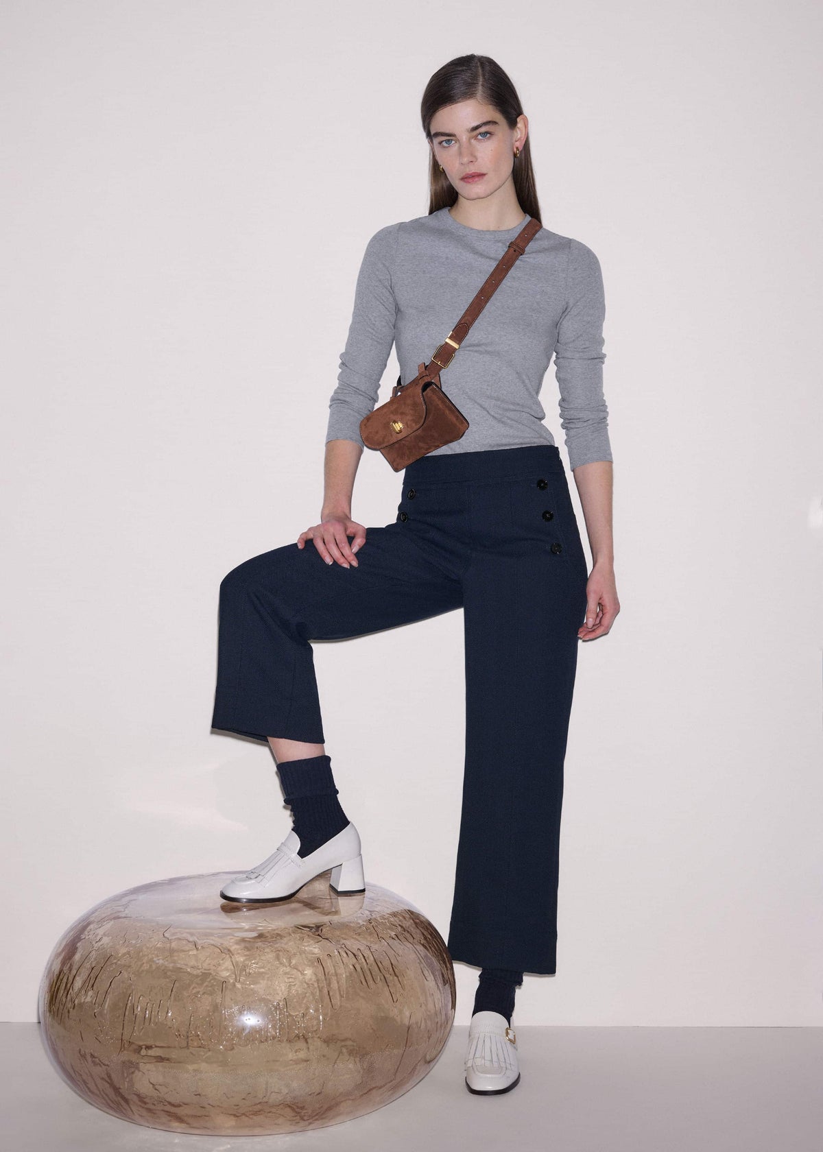 ME+EM Navy Button Front Straight Crop Pant