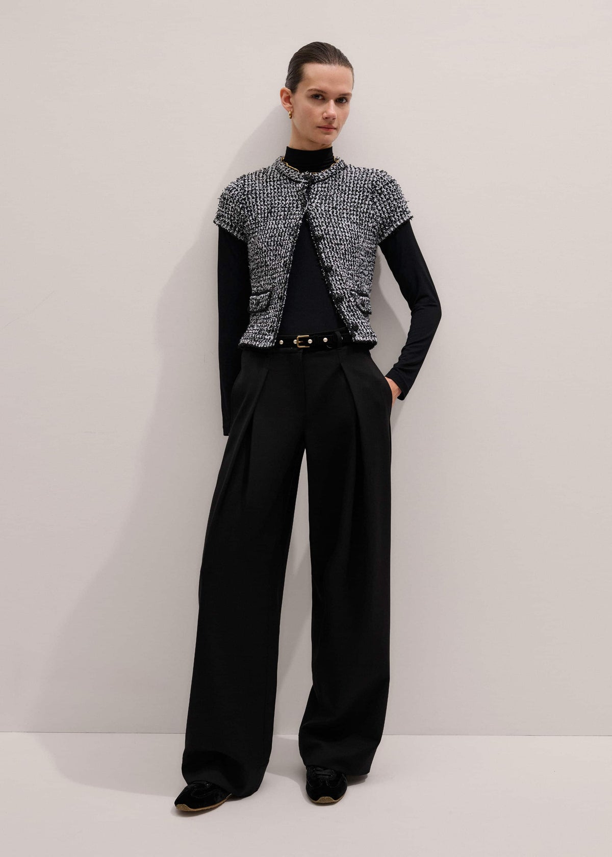 ME+EM Black Wool Exaggerated Tapered Pleat Pant