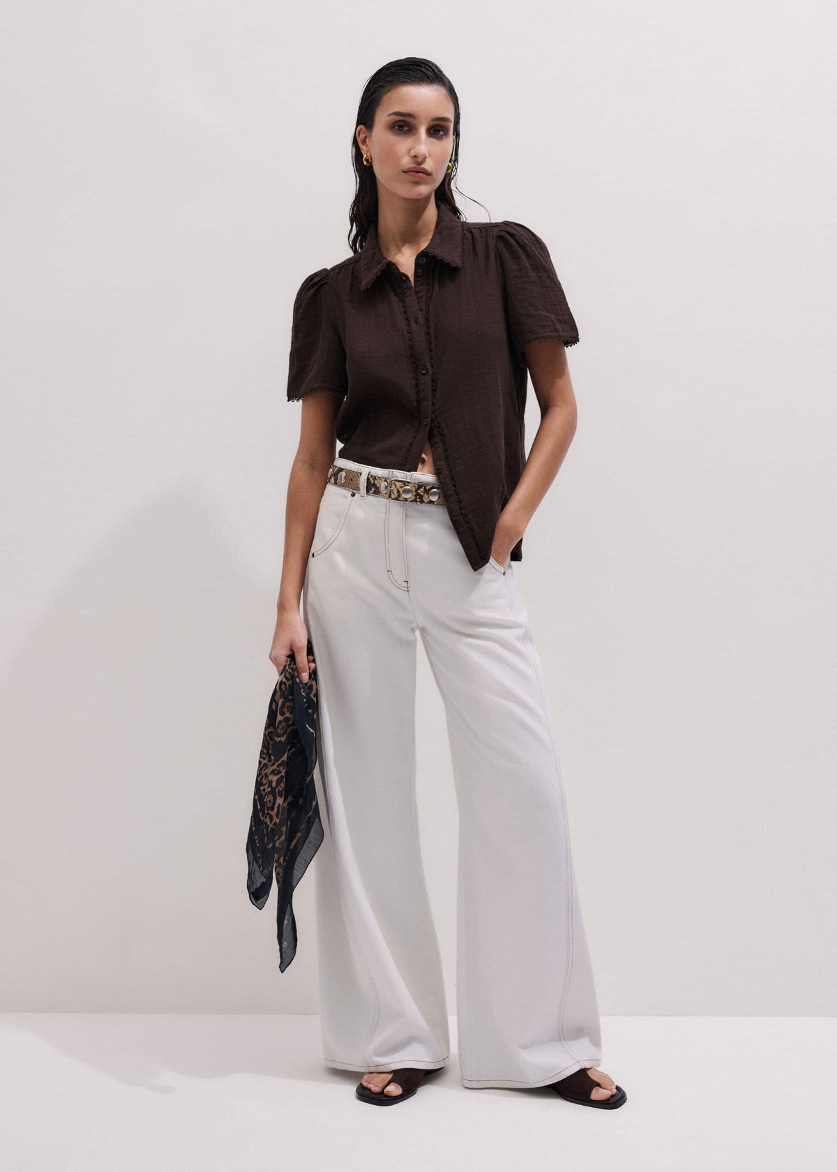 ME+EM Brown Cheesecloth Trim Detail Blouse