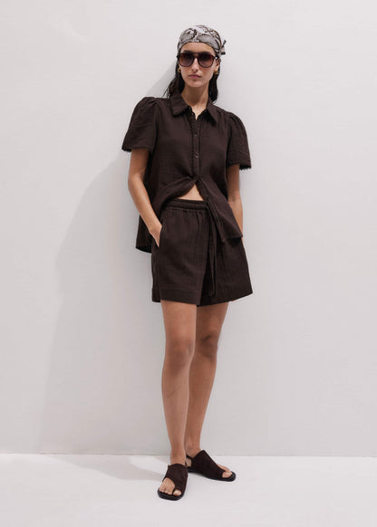 ME+EM Brown Cheesecloth Trim Detail Blouse