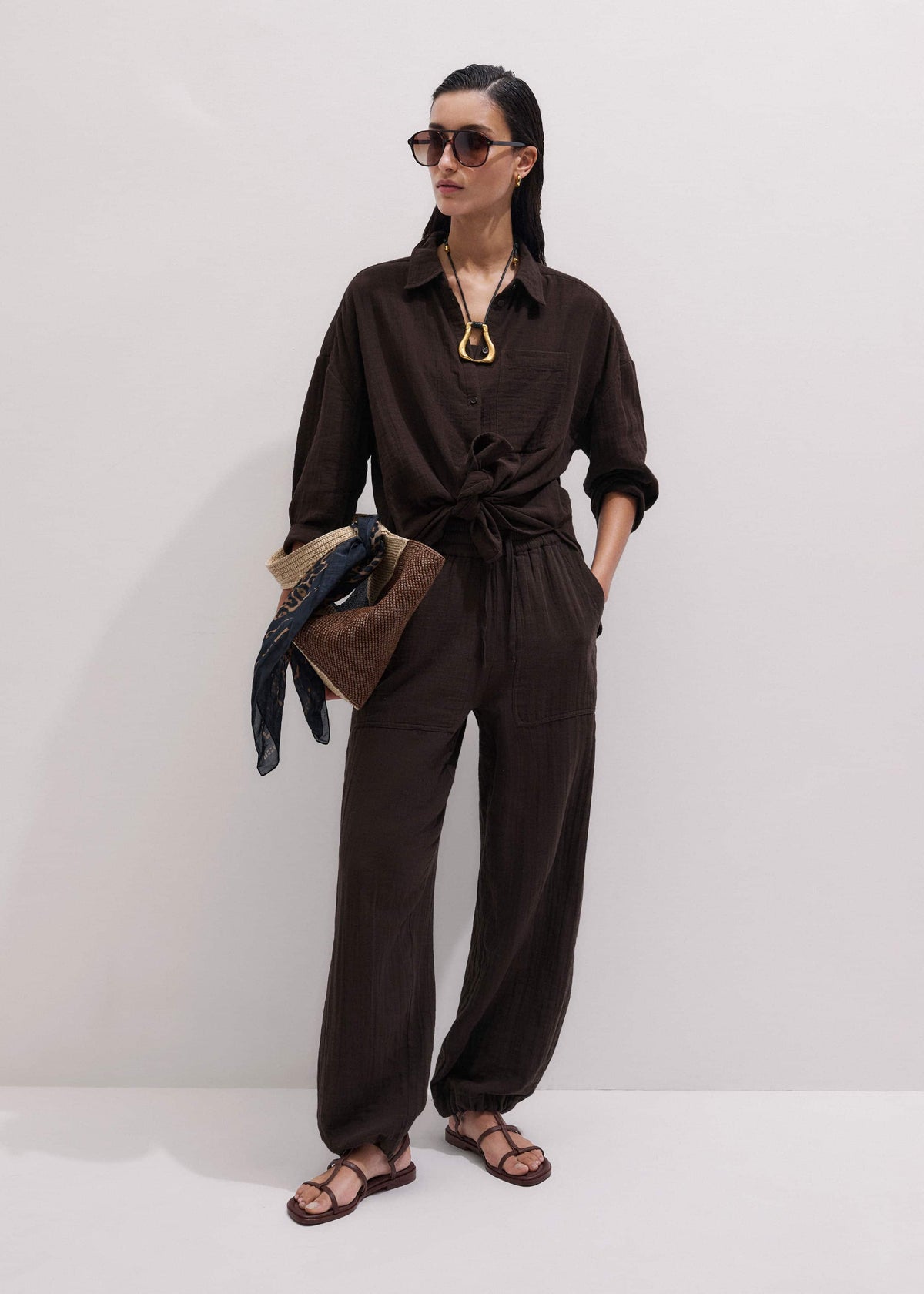 ME+EM Brown Cheesecloth Relaxed Summer Shirt