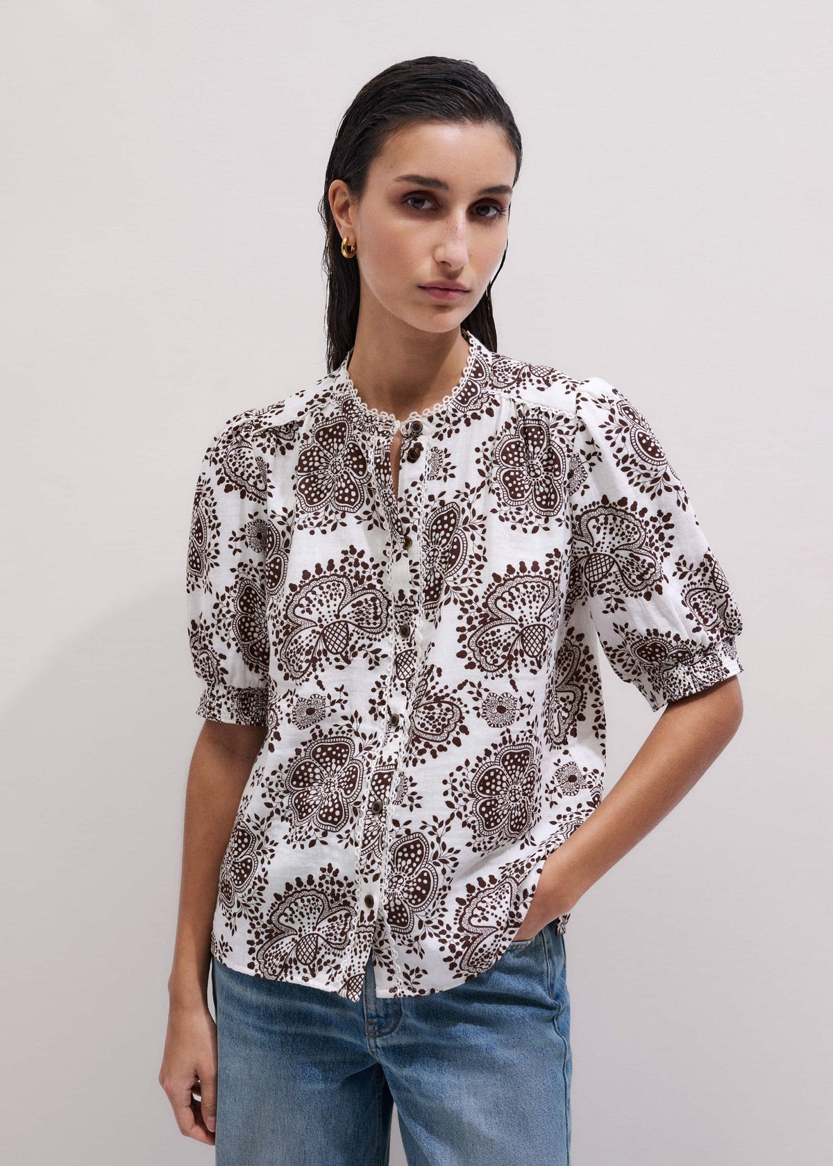 ME+EM White Cheesecloth In-Full-Bloom Print Straight Blouse