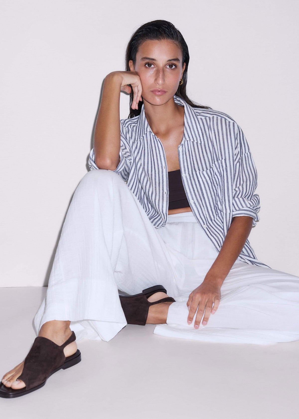 ME+EM Navy Cheesecloth Relaxed Stripe Shirt