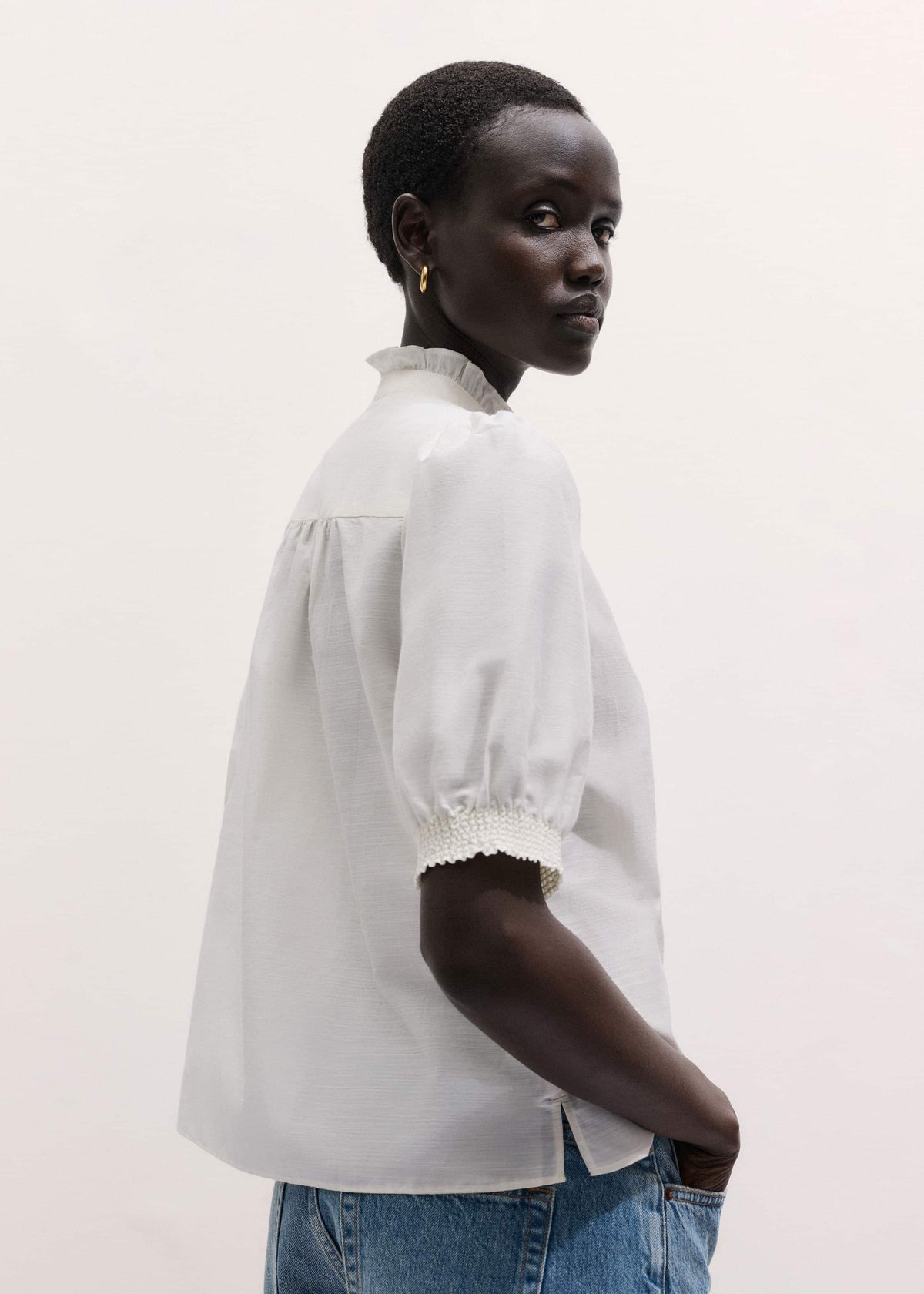 ME+EM White Silk + Cotton Pintuck Detail Straight Blouse