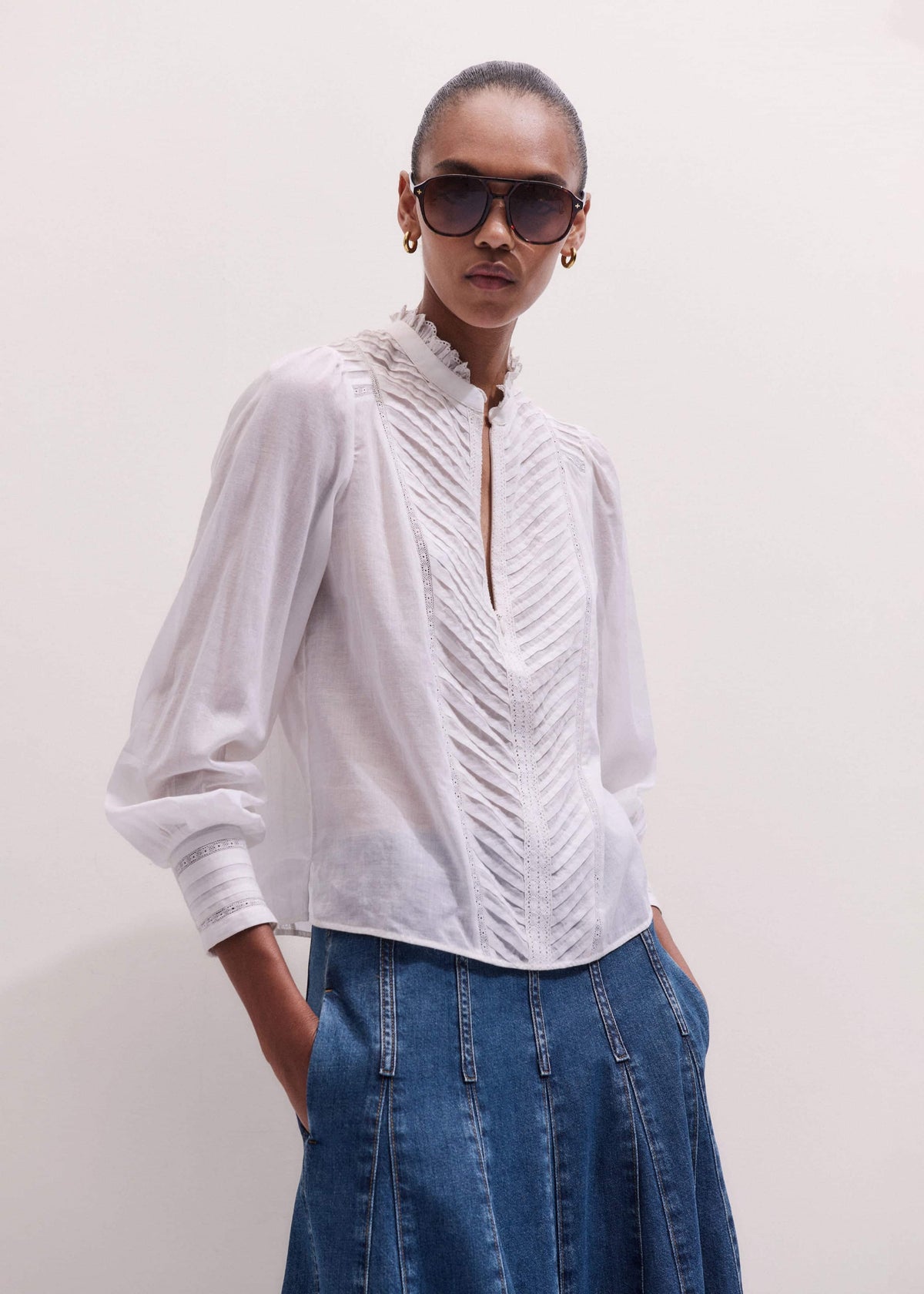 ME+EM White Delicate Pintucked High-Neck Top