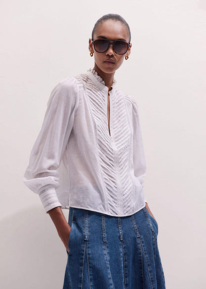 ME+EM White Delicate Pintucked High-Neck Top