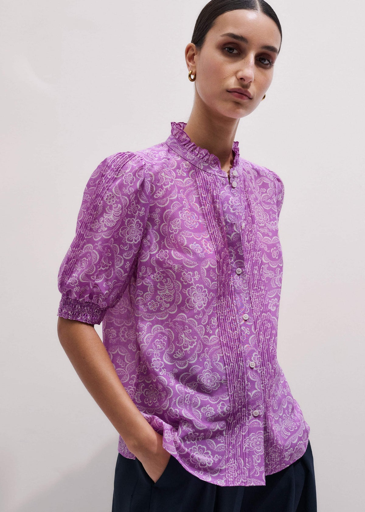 ME+EM Purple Silk Cotton Entangled Lace Print Straight Blouse