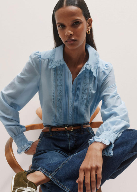 ME+EM Blue Silk Cotton Lace Trim Straight Blouse