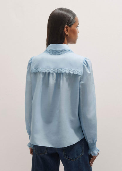 ME+EM Blue Silk Cotton Lace Trim Straight Blouse