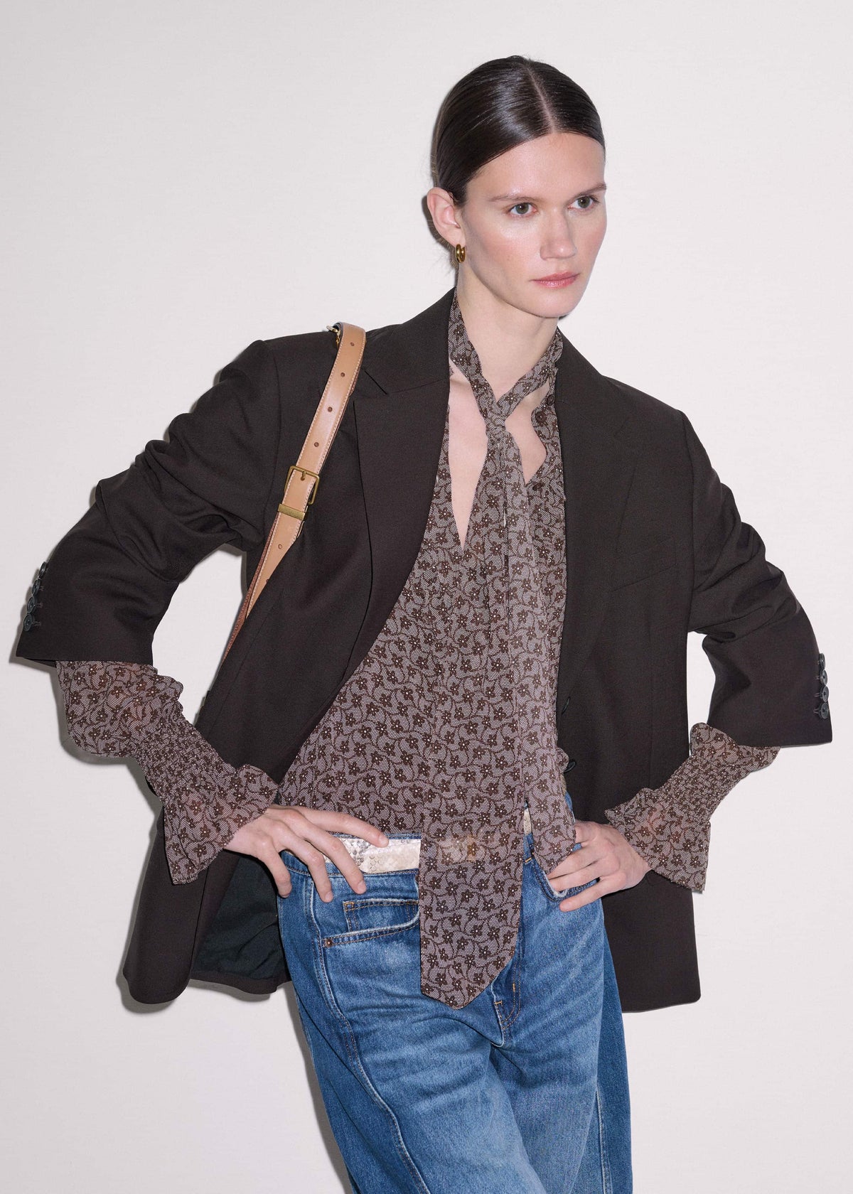 ME+EM Brown Silk Lace Print Straight In-The-Details Blouse