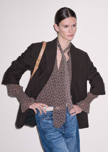ME+EM Brown Silk Lace Print Straight In-The-Details Blouse