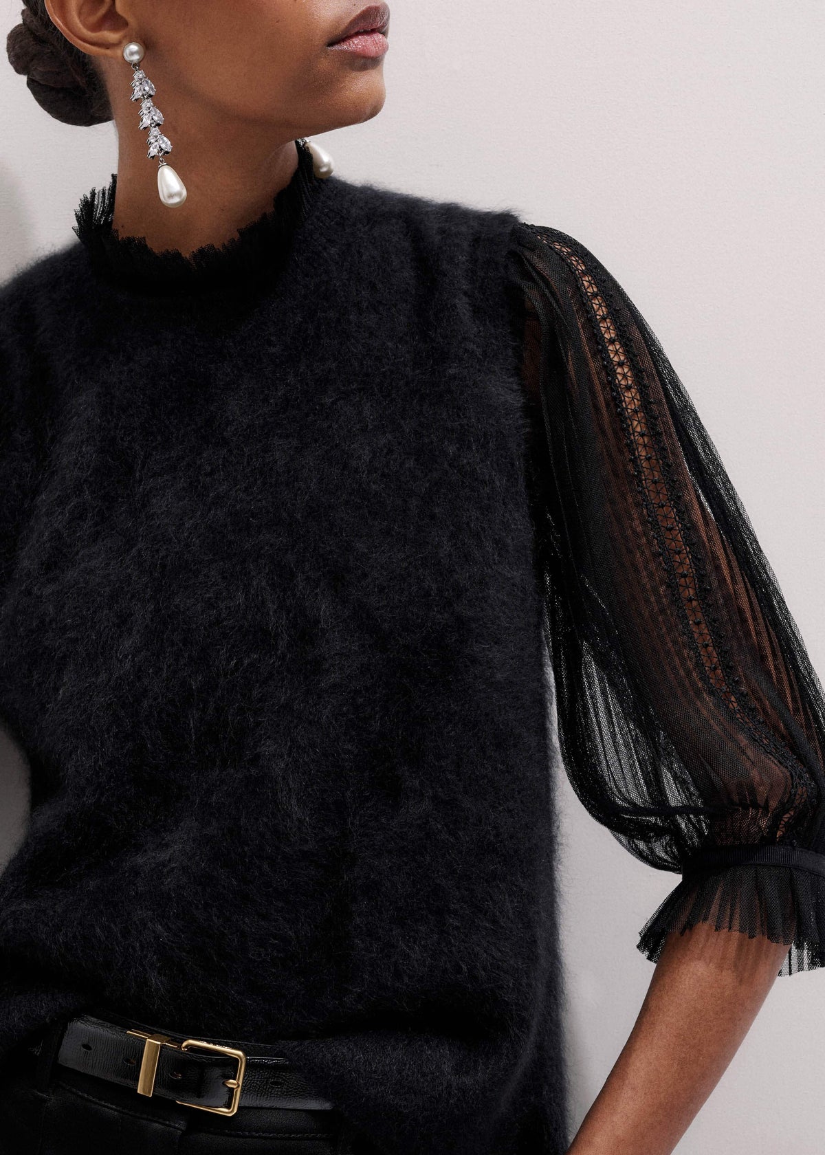 ME+EM Black Lace Insert Tulle Layering Blouse