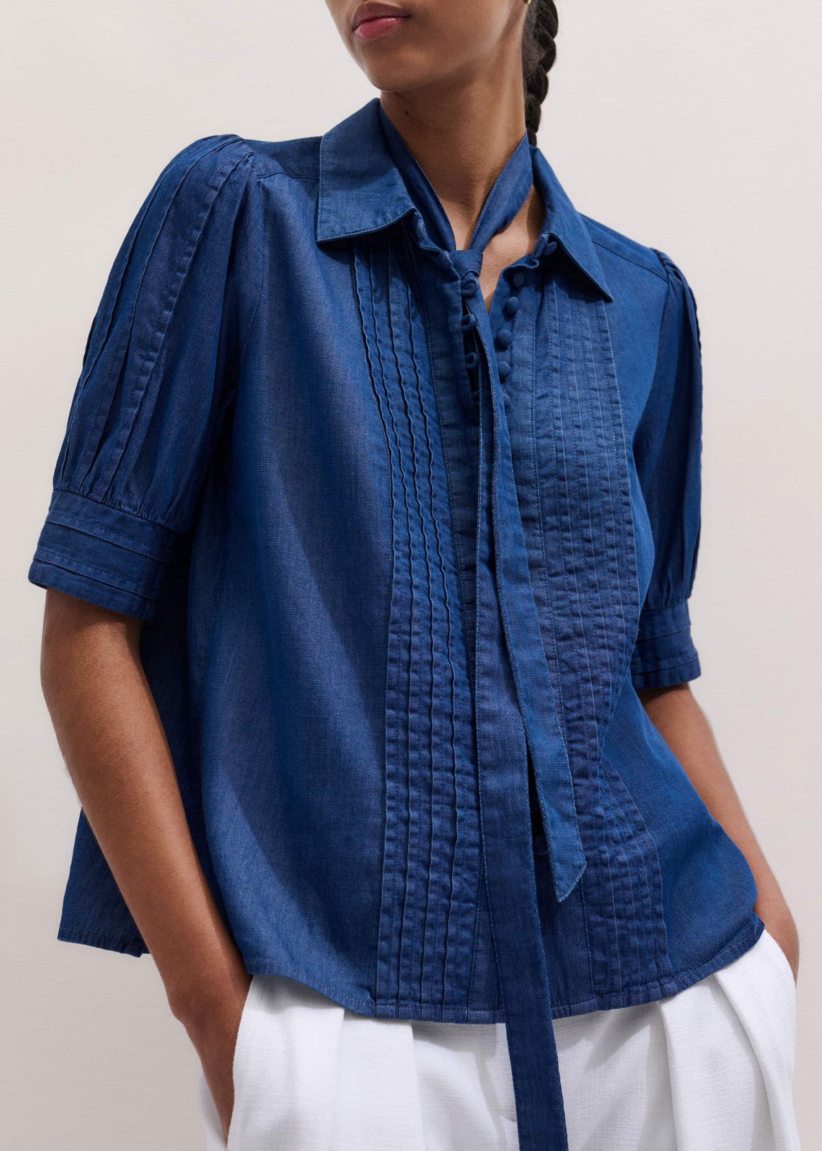 ME+EM Blue Chambray Pintucked Short Sleeve Blouse + Tie