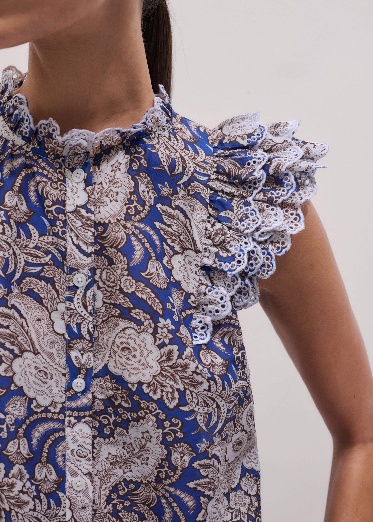ME+EM Blue Elaborate Botanical Print Ruffle Straight Blouse