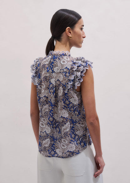 ME+EM Blue Elaborate Botanical Print Ruffle Straight Blouse