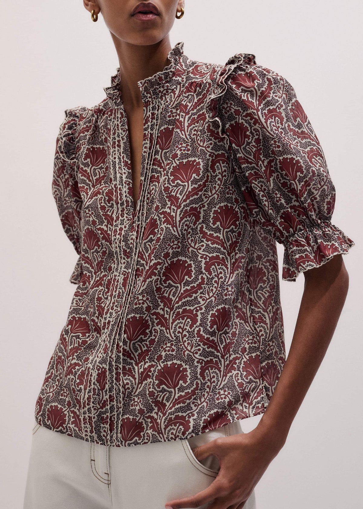 ME+EM Brown Silk Cotton Rising Wildflower Print Blouse