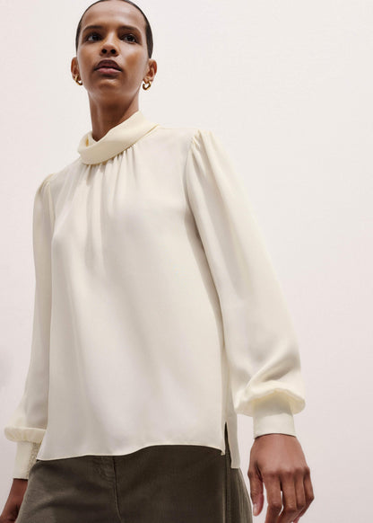 ME+EM Cream Silk High Neck Slim Cut Blouse