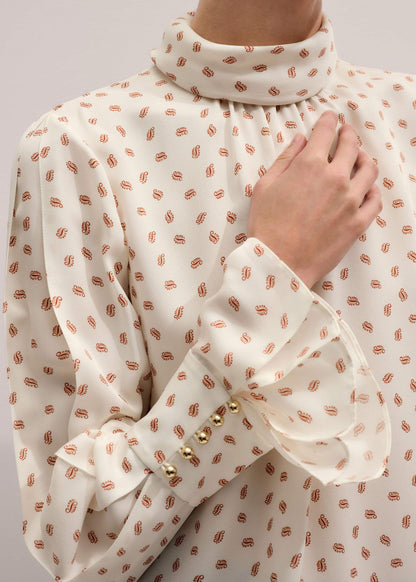 ME+EM Cream Silk Spaced Paisley Print Statement Sleeve Blouse + Tie