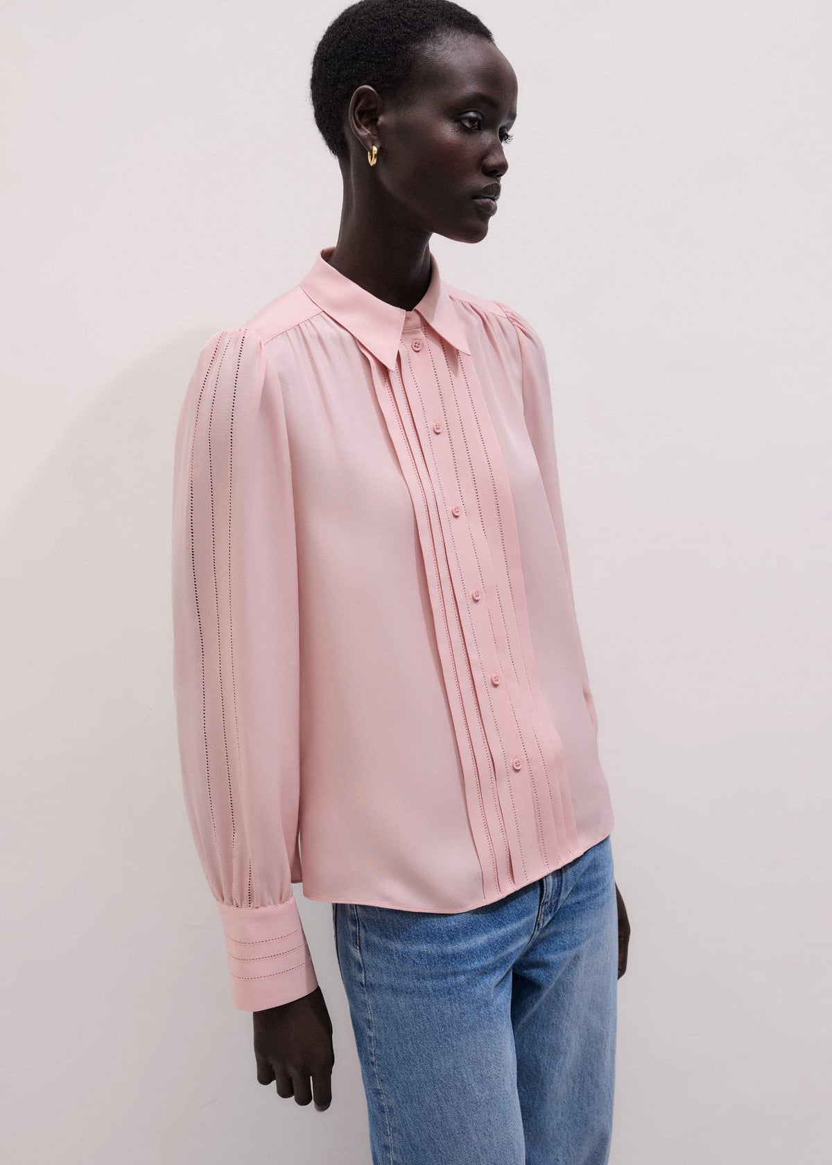 ME+EM Pink Silk Feminine Embroidered Fluid Straight Blouse