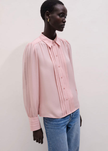 ME+EM Pink Silk Feminine Embroidered Fluid Straight Blouse