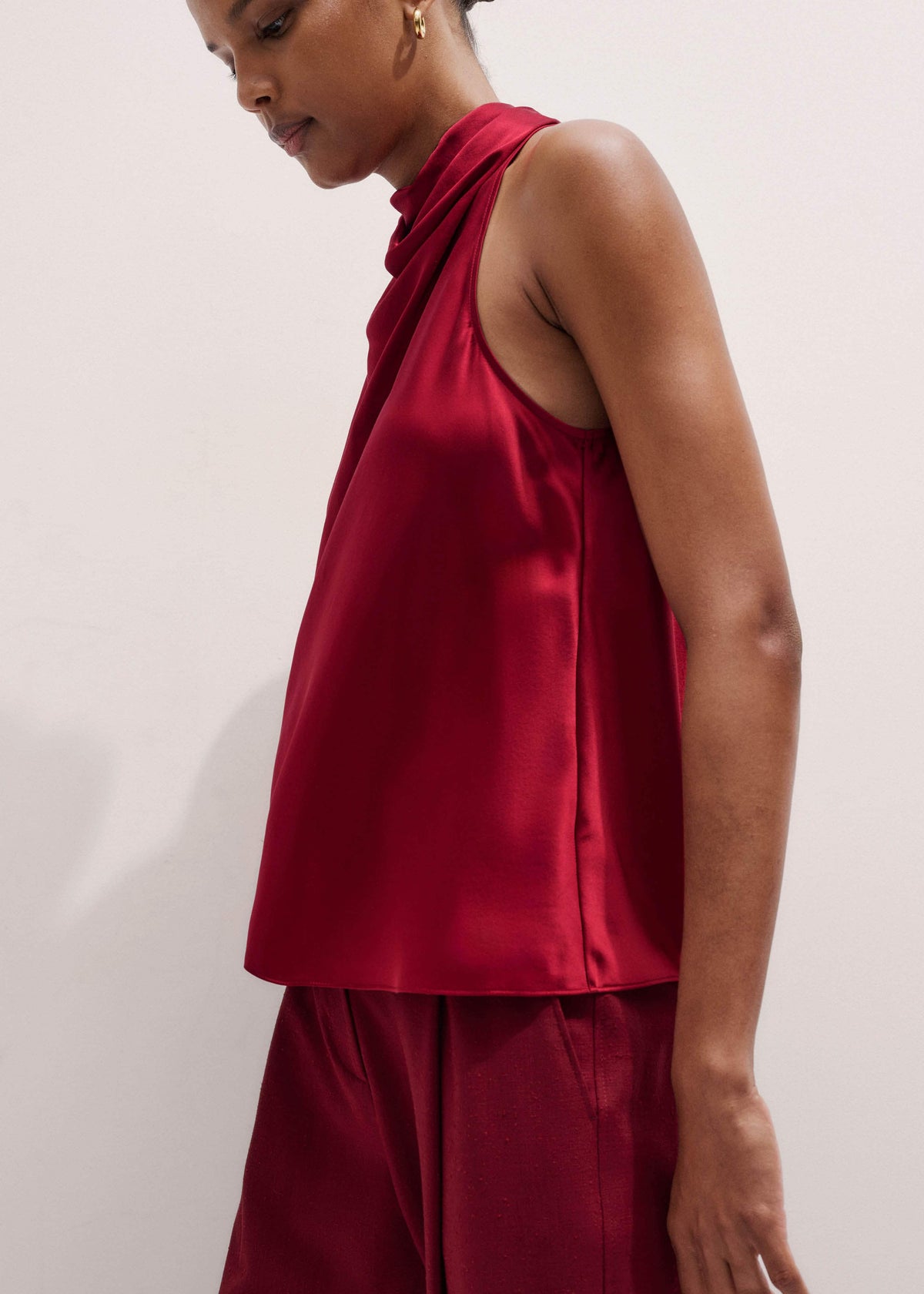 ME+EM Red Silk Satin Halterneck Sleeveless Top