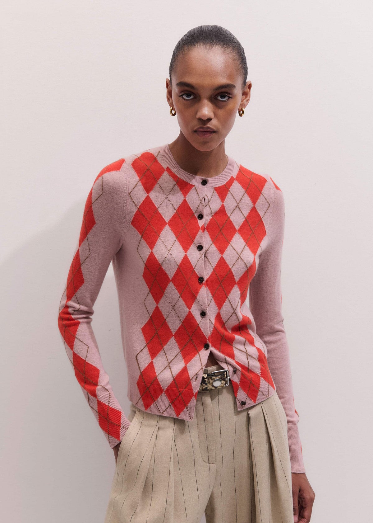 ME+EM Pink Fine Argyle Slim Knit Cardigan