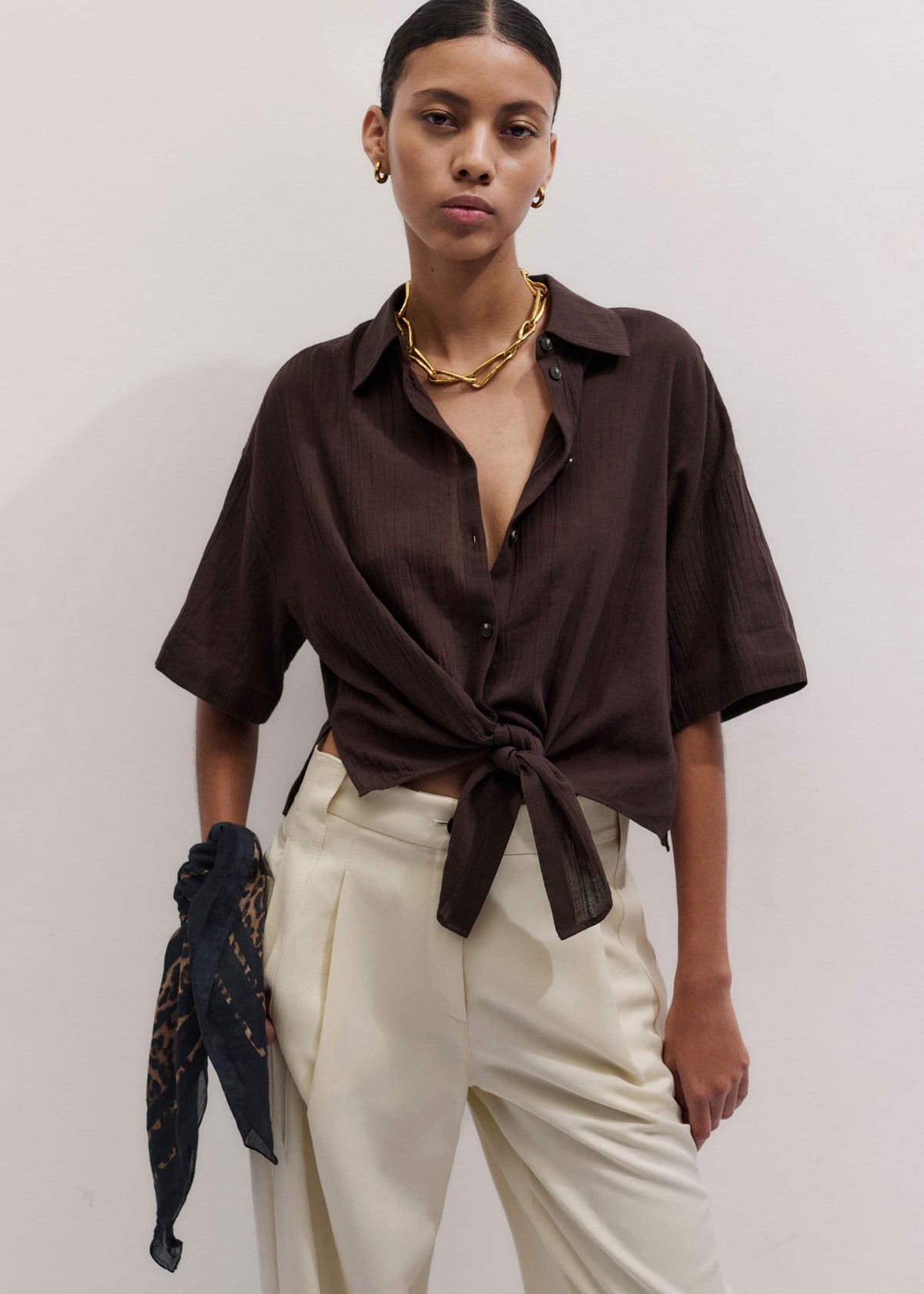 ME+EM Brown Tie Front Beach Shirt