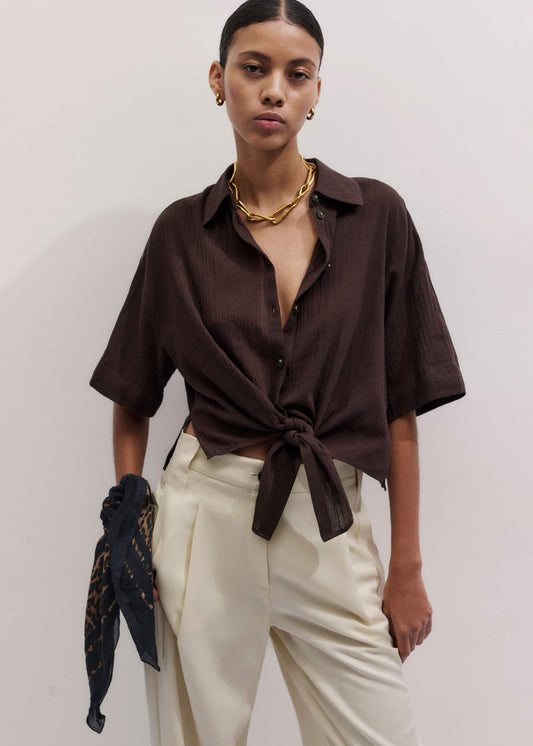 ME+EM Brown Tie Front Beach Shirt