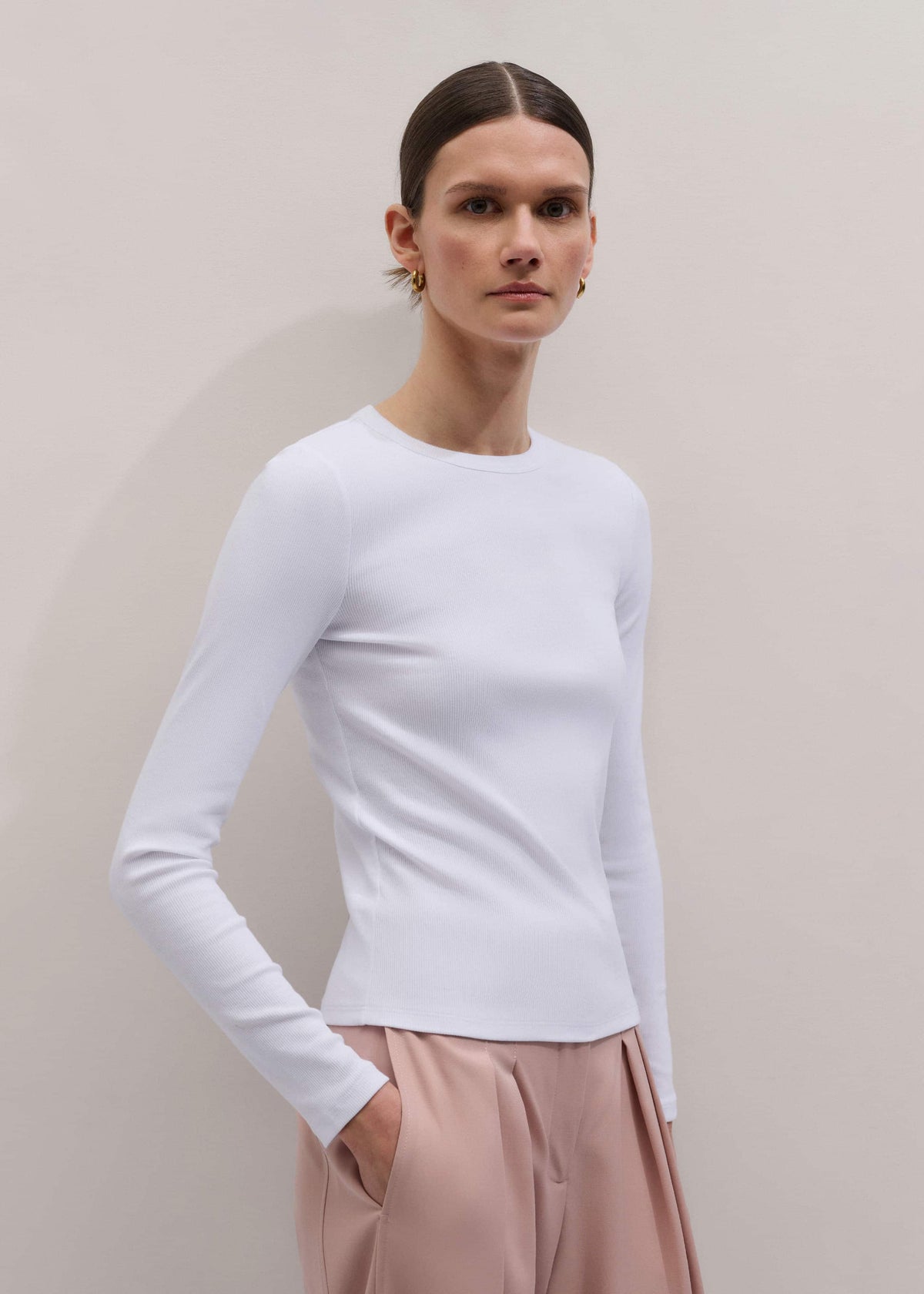 ME+EM White Cotton Rib Long Sleeve Top