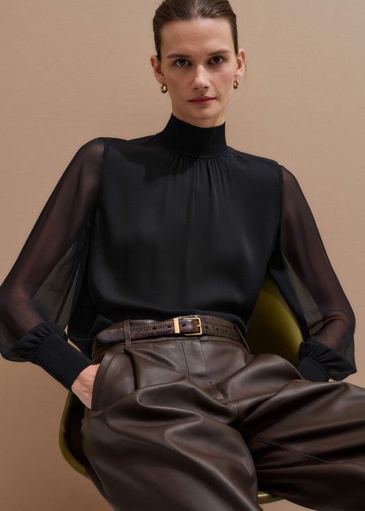 ME+EM Black Silk Chic Rib Straight Blouse