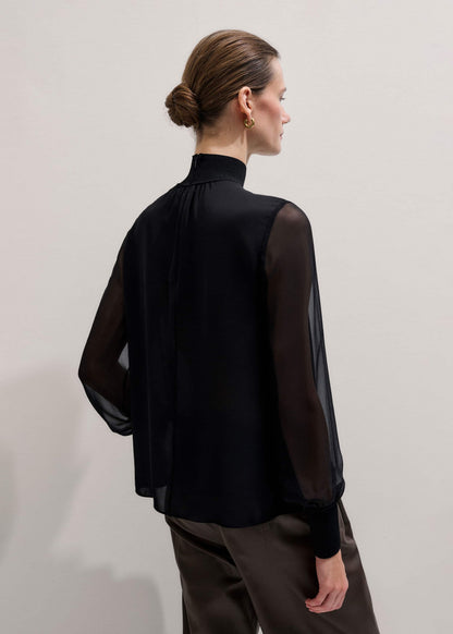 ME+EM Black Silk Chic Rib Straight Blouse