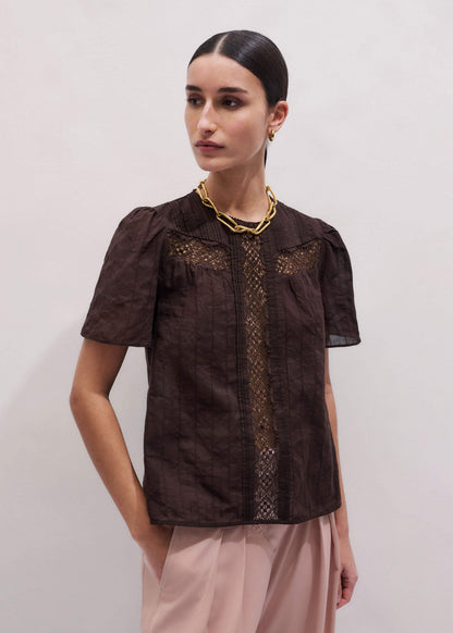 ME+EM Brown Embroidered Cutout Tee