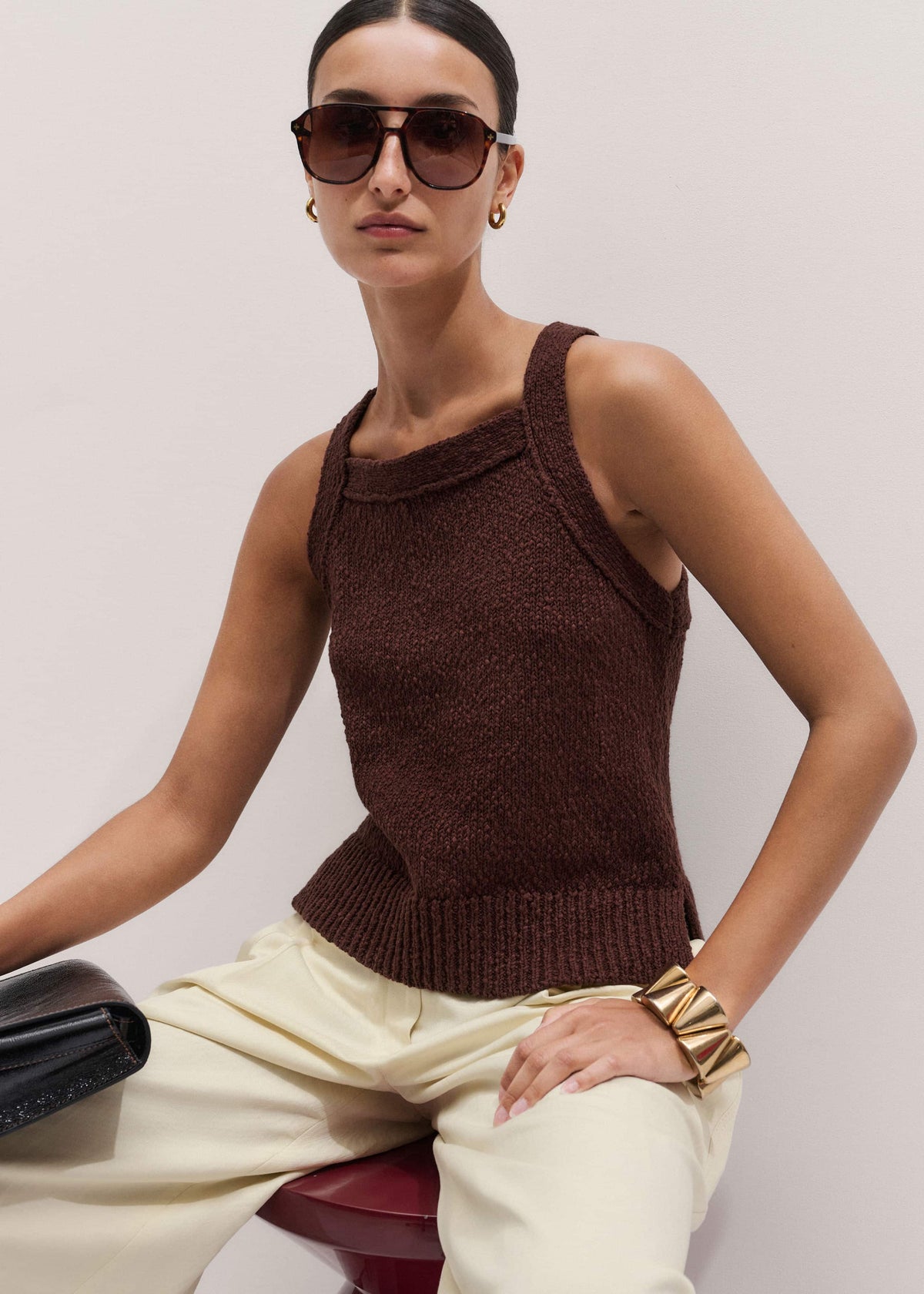 ME+EM Cinnamon Brown Square Neck Knit Top