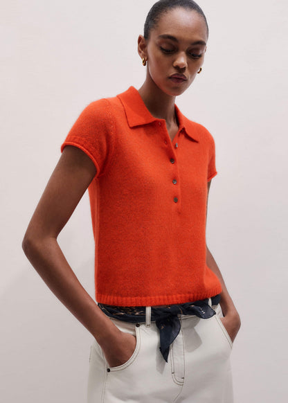 ME+EM Orange Merino Cashmere Silk Straight Polo Tee