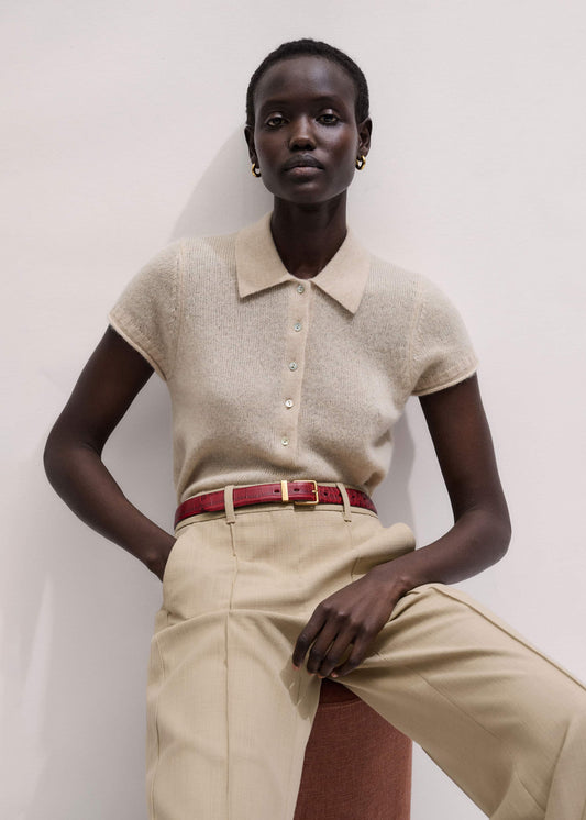 ME+EM Oatmeal Merino Cashmere Silk Straight Polo Tee