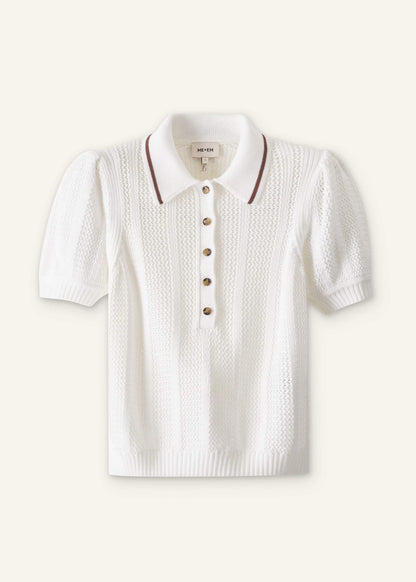 ME+EM Cream Pointelle Pouf Sleeve Sporty Smart Polo Top
