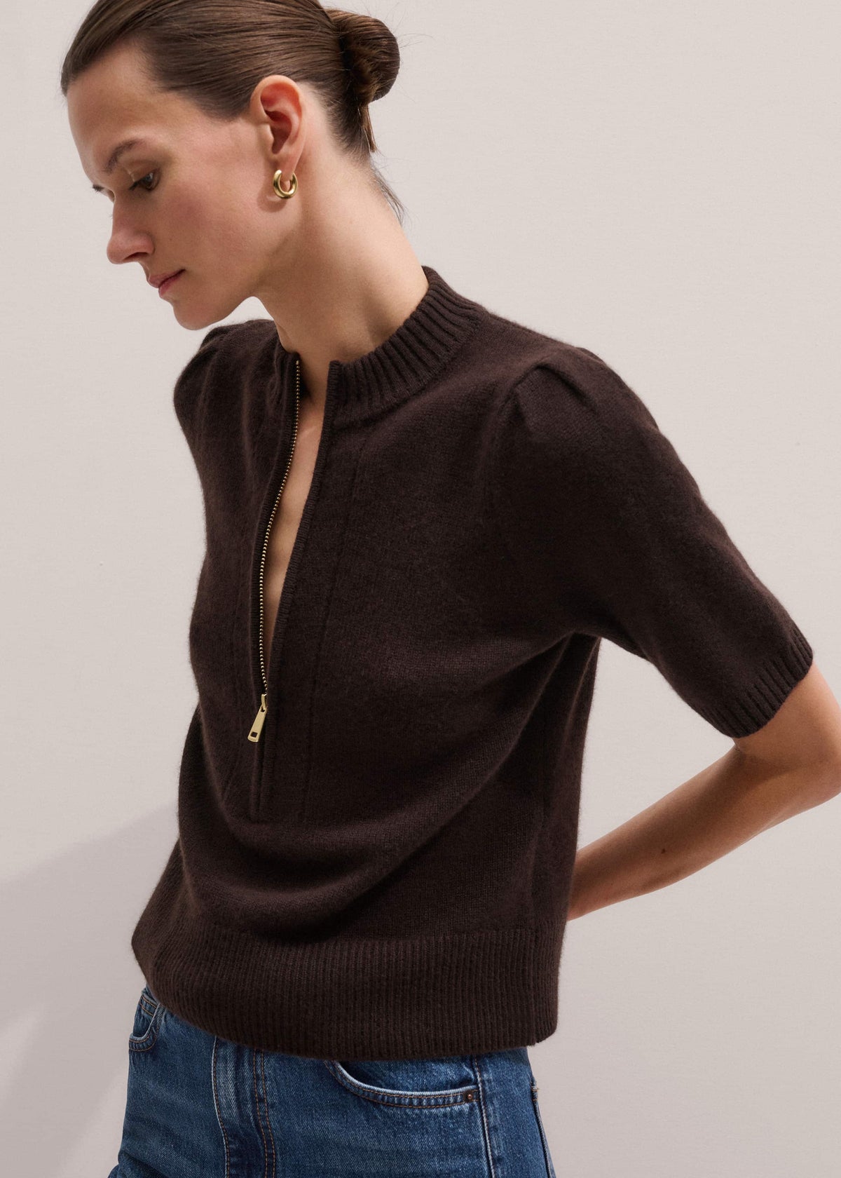 ME+EM Brown Cashmere Zip Neck Pouf Sleeve Knit Tee