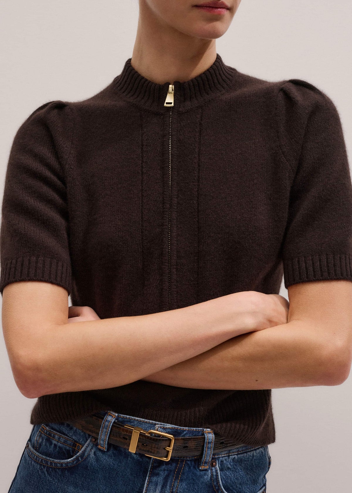ME+EM Brown Cashmere Zip Neck Pouf Sleeve Knit Tee