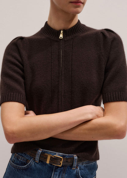 ME+EM Brown Cashmere Zip Neck Pouf Sleeve Knit Tee