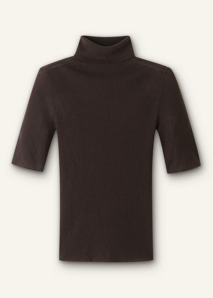ME+EM Brown Superfine Ribbed Roll Neck Tee