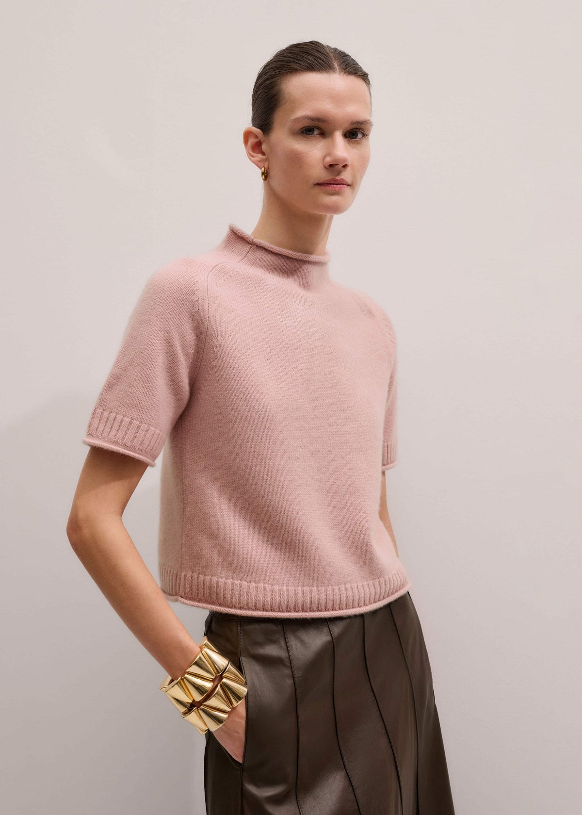 ME+EM Pink Cashmere Roll Trim Knit Tee