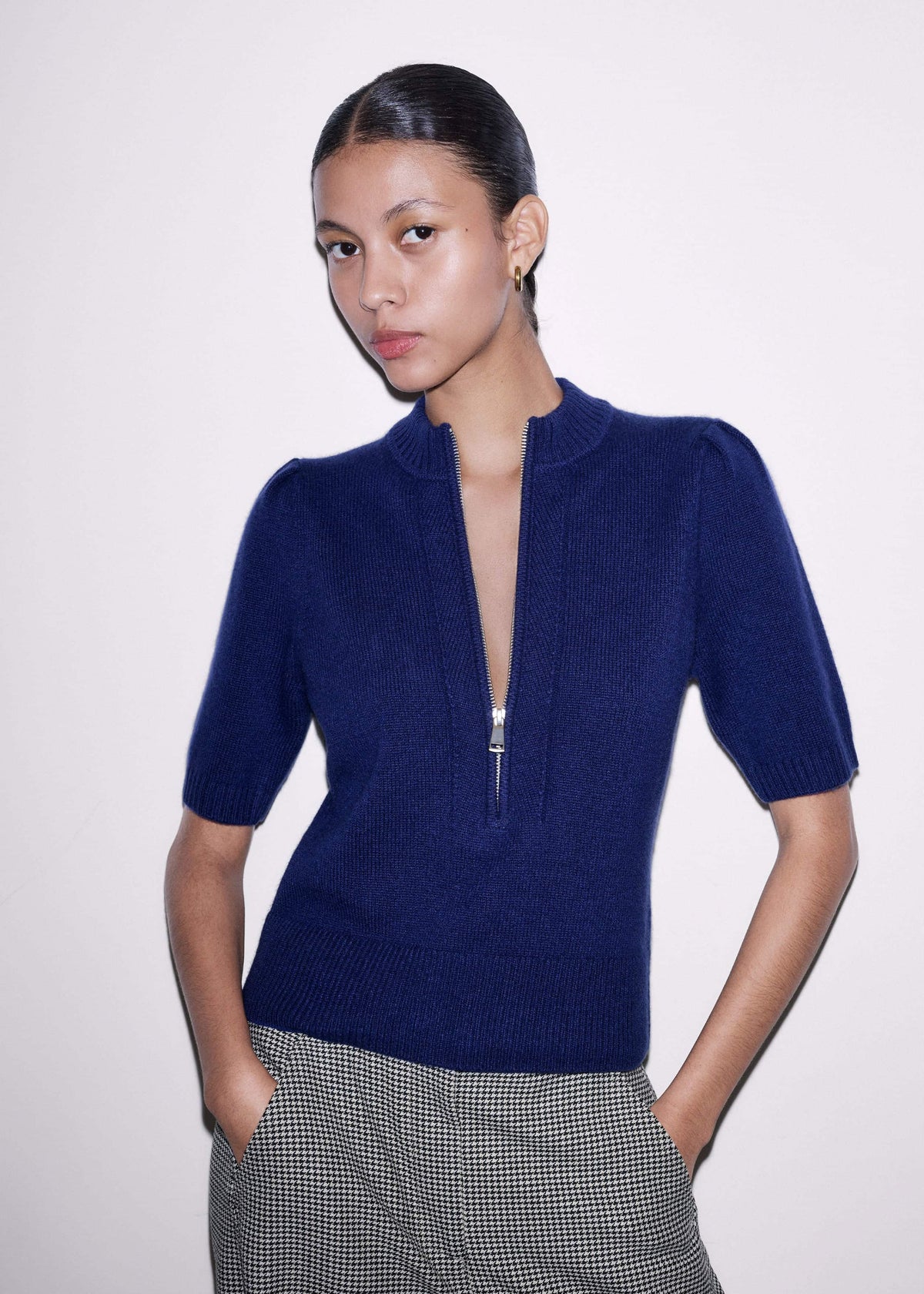 ME+EM Blue Cashmere Zip Neck Pouf Sleeve Knit Tee