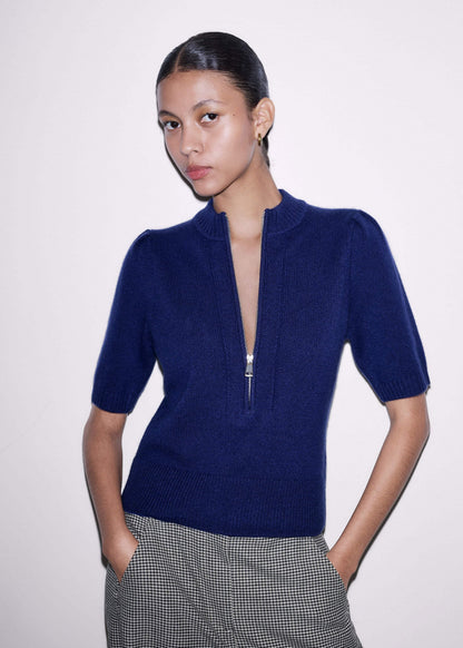 ME+EM Blue Cashmere Zip Neck Pouf Sleeve Knit Tee