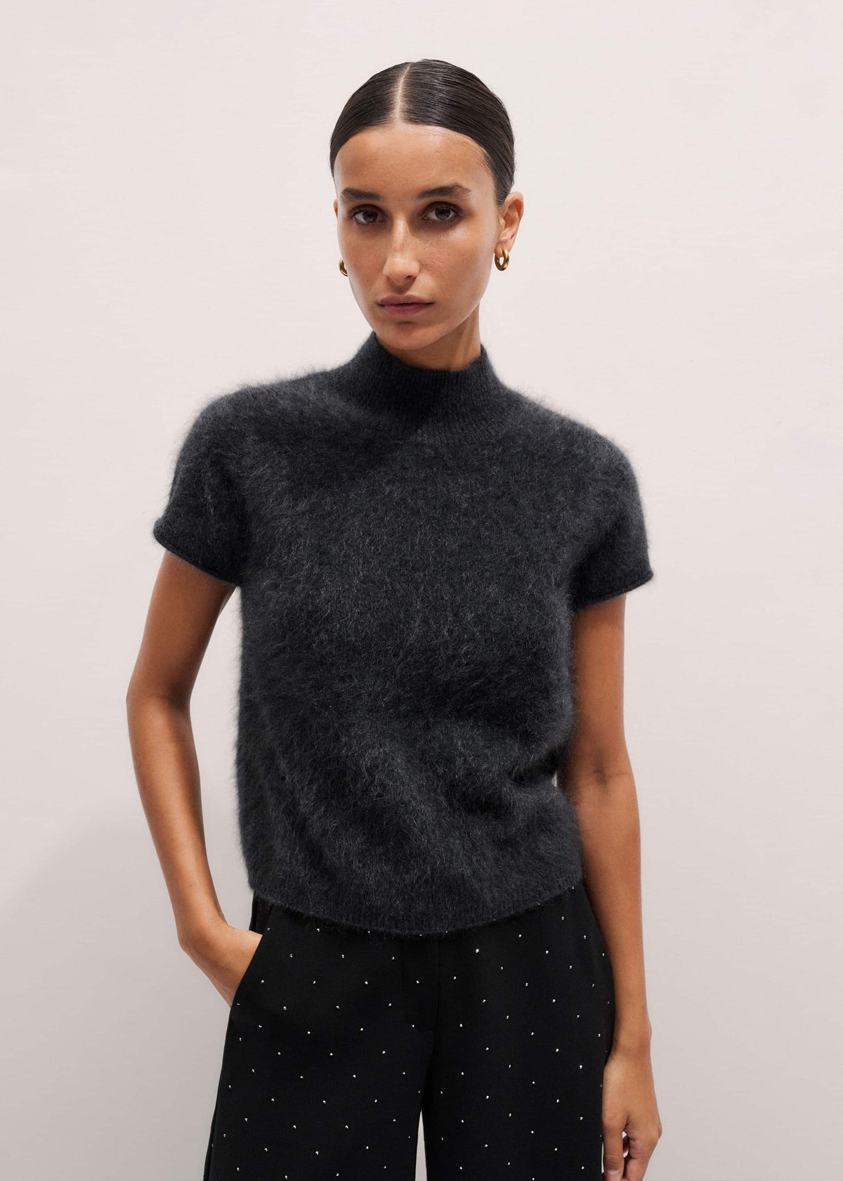 ME+EM Gray Brushed Cashmere High Neck Baby Tee