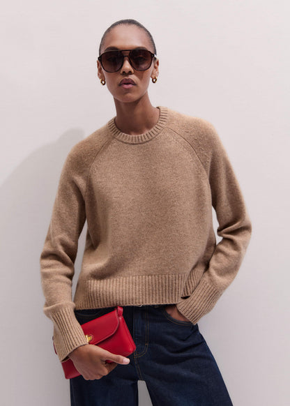 ME+EM Brown Cashmere Curved Hem Raglan Sweater + Snood