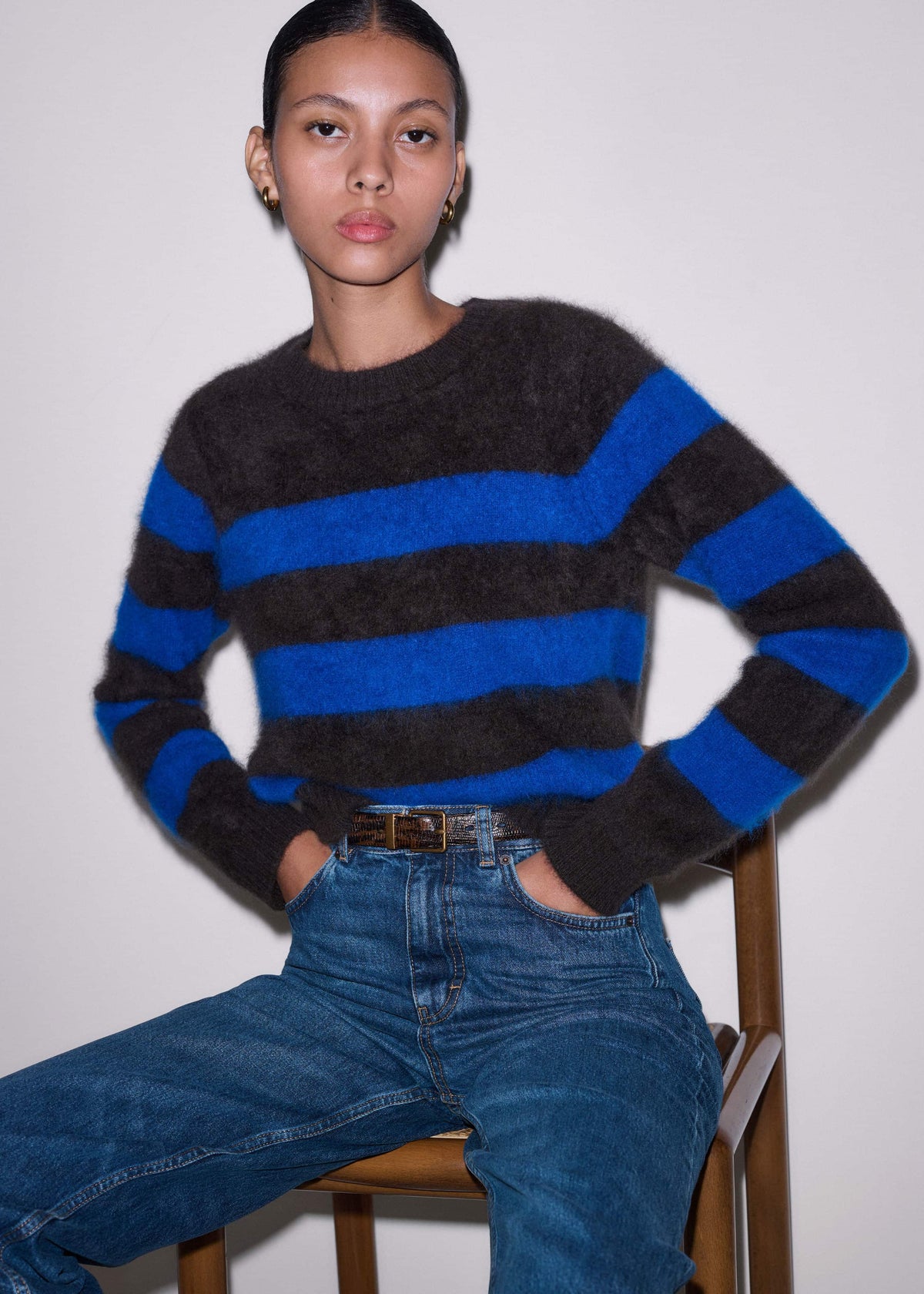 ME+EM Brown Brushed Cashmere Stripe Crop Jumper