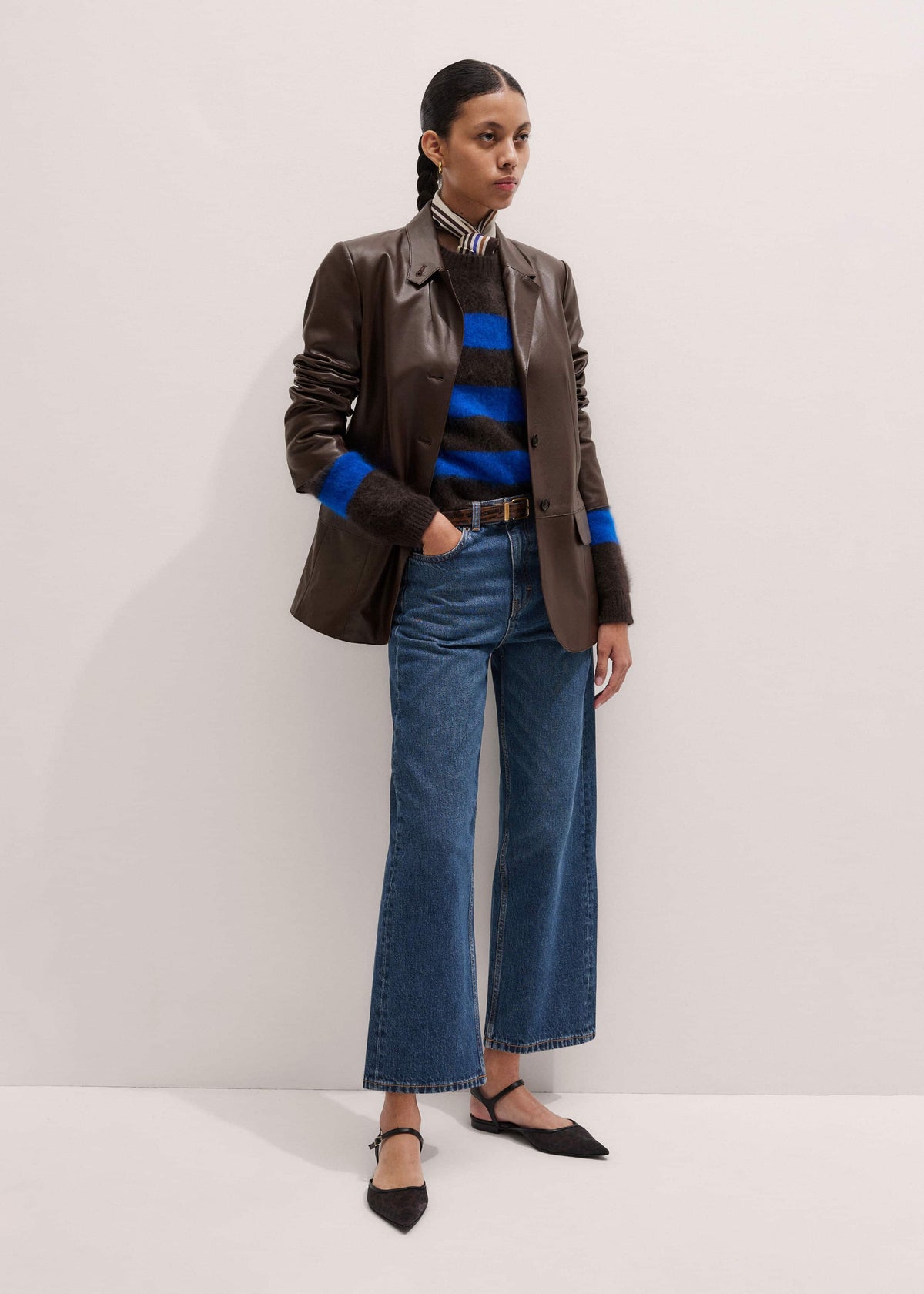 ME+EM Brown Brushed Cashmere Stripe Crop Jumper