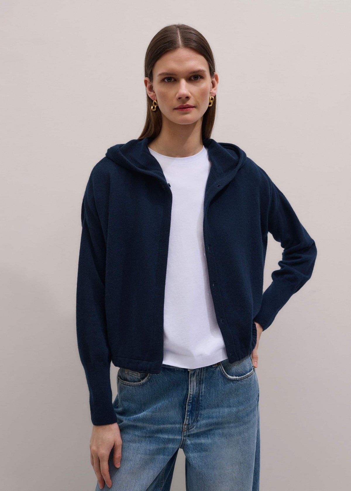 ME+EM Dark Navy Cashmere Drop Shoulder Box Crop Hoodie