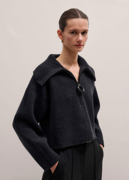 ME+EM Grey Relaxed Fly Neck Zip Jumper